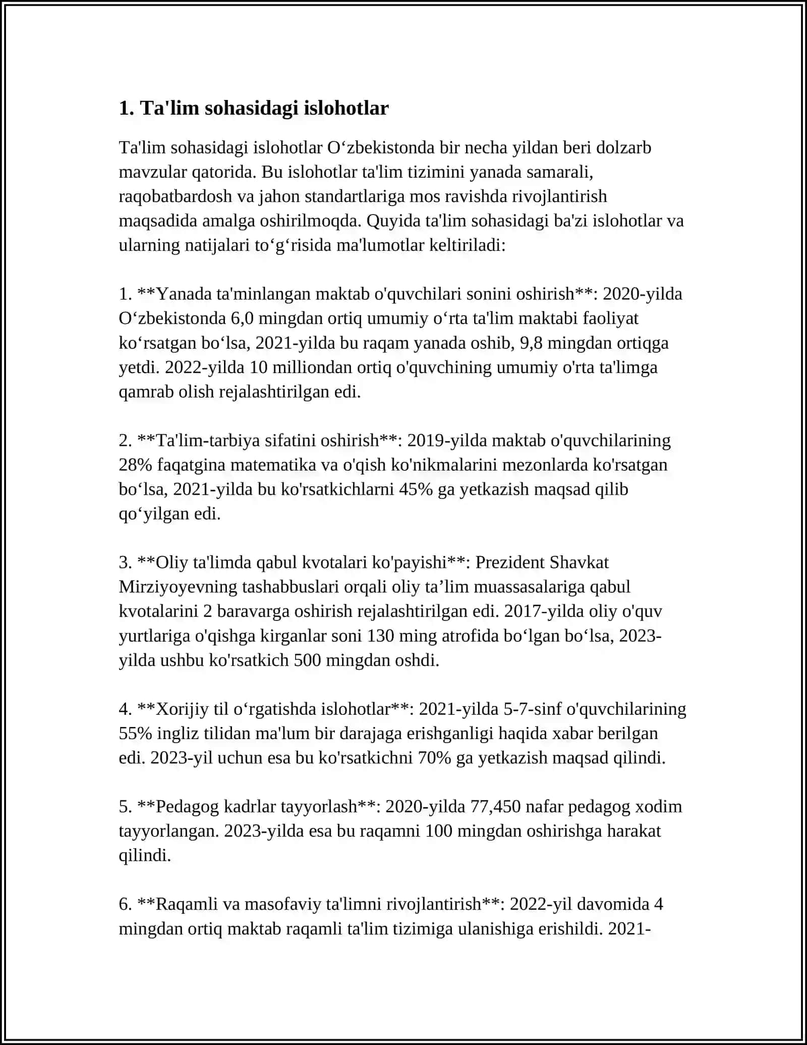 MUSTAQIL ISH Mavzu: YANGI O'ZBEKISTONDA PREZIDENT SH.M.MIRZIYOYEV RAHBARLIGI VA TASHABBUSI OSTIDA AMALGA OSHIRILAYOTGAN ISLOHOTLAR 3