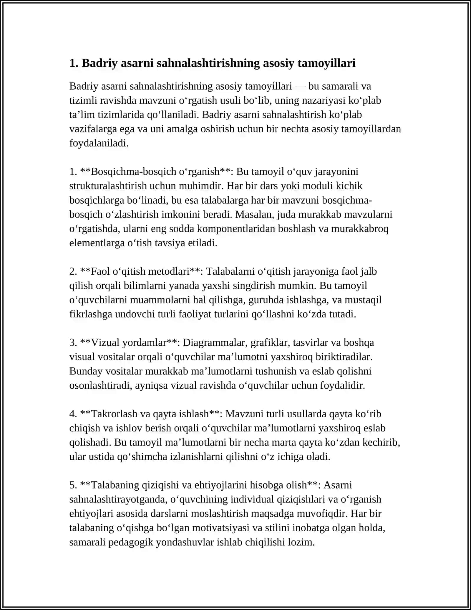 BADIIY ASARNI SAHNALASHTIRISH TURLARI VA UNI QOʻYIB KOʻRSATISH METODLARI 3