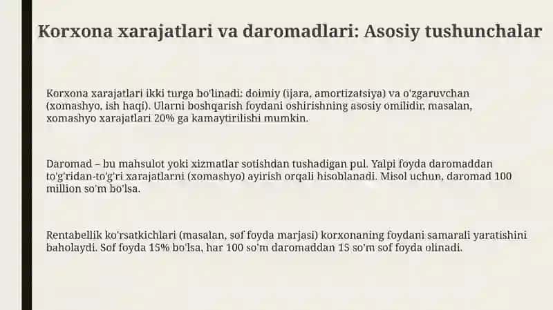 Korxona Xarajatlari va Daromadlari Tahlili 3