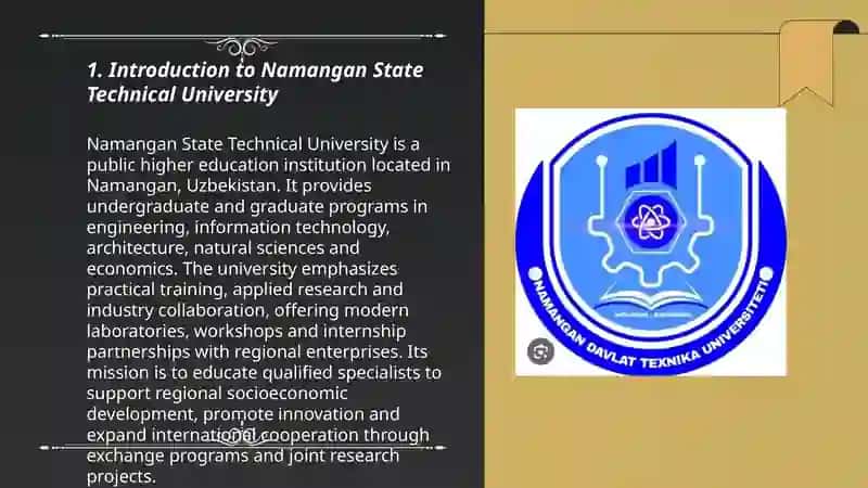 Namangan davlat texnika universiteti haqida ingliz tilida slayd tayyorlab ber 3