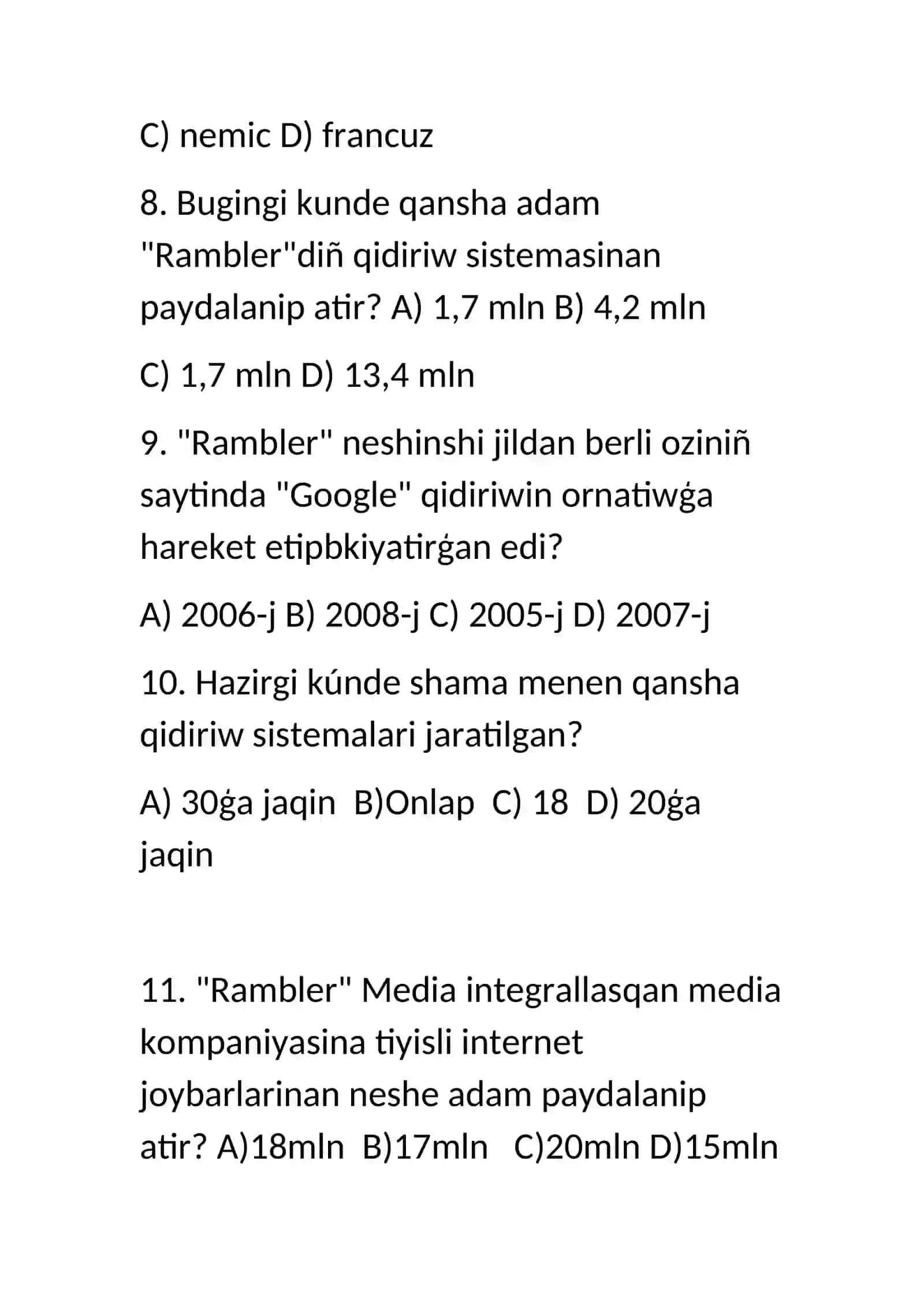 Rambler va Yandeks haqida tushuncha test 3