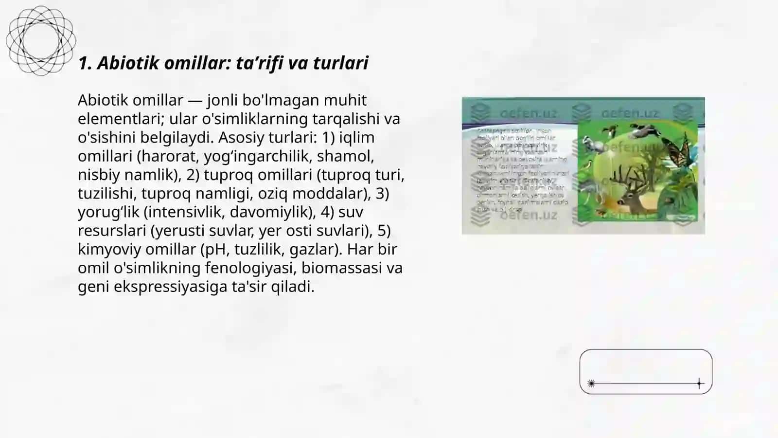 Abiotik va biotik ekologik omillar va ularning tabiatda oʻsimliklarning tarqalishidagi ahamiyati 3