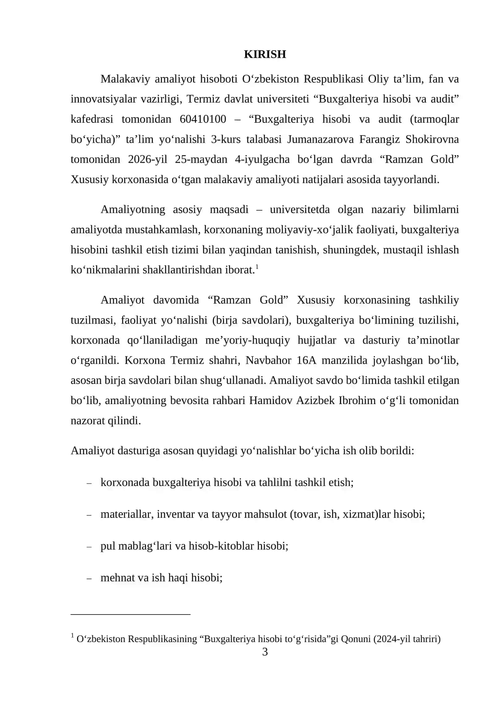 AMALIYOT HISOBOTI “Ramzan Gold” Xususiy korxonasi, faoliyat yo‘nalishi (birja savdolari), 3