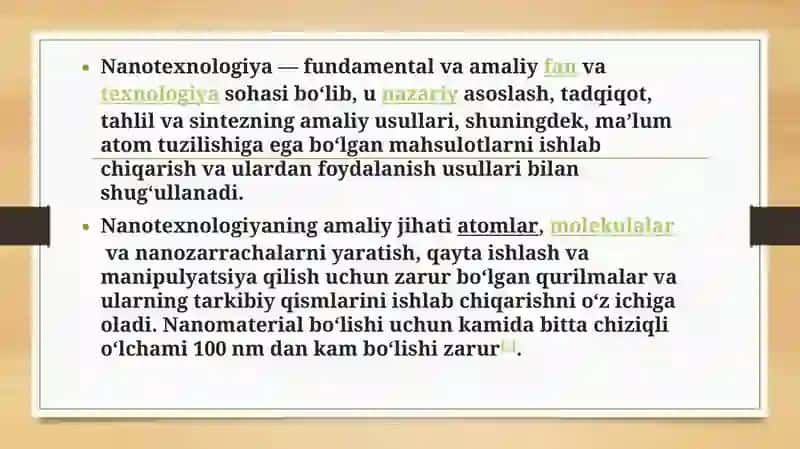 Nanotexnologiyalar haqida umumiy ma’lumot berish,yaratilish va rivojlanish tarixini yoritish. Bugungi kun tibbiyotining turli soxalarida nanotexnologiyalardan foydalanishning asosiy sabablari hamda uning natijalari. 3