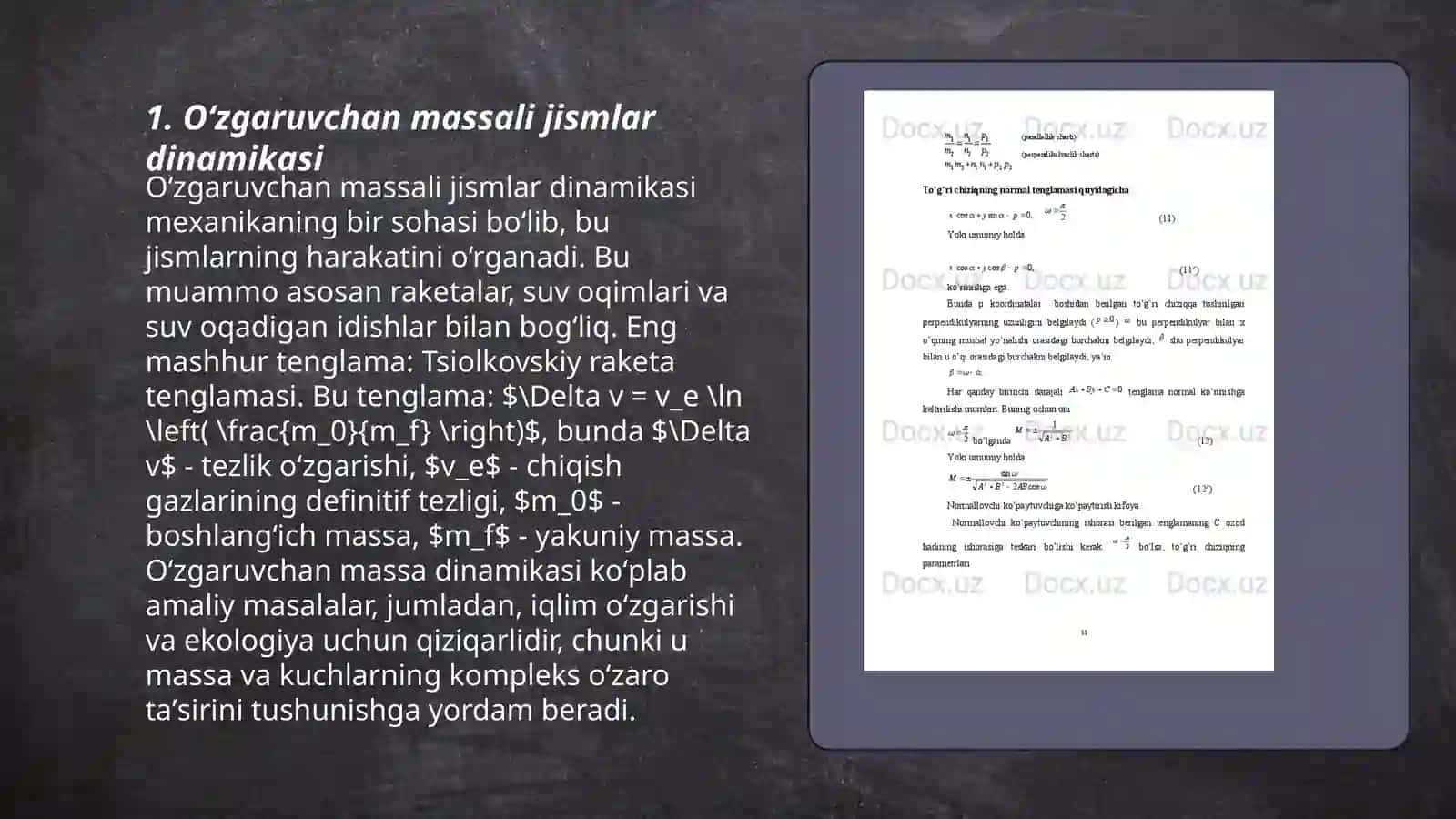 Oʻzgaruvchan massali jismlar harakati Mercherskiy tenglamasi va Siolkovskiy tenglamalari 3