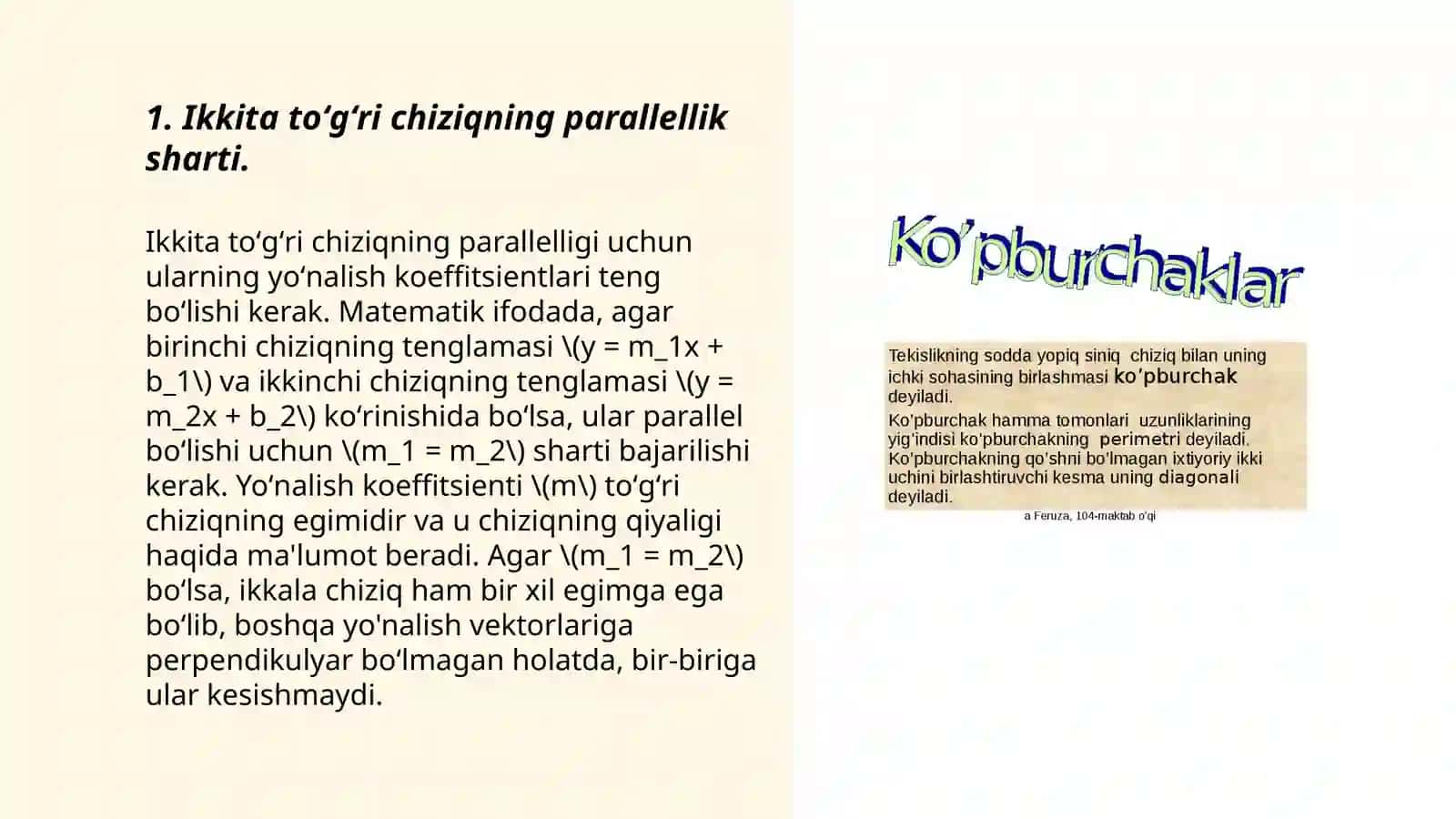 Ikkita toʻgʻri chiqizning (tekislikning) parallelligi va perpendikulyarligi shartlari. Nuqtadan toʻgʻri chiziqqacha ( tekilslikkacha) boʻlgan masofa va ularning tatbiqi 3