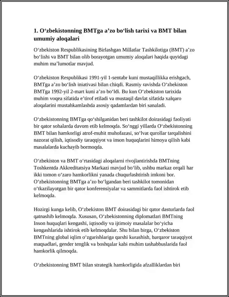 Oʻzbekistonning BMT va Boshqa Xalqaro Tashkilotlar bilan aloqalari 3