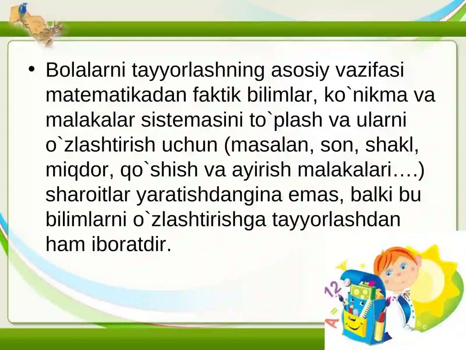 Boshlang`ich sinf matematikasi va matematika o`qitishning tarbiyaviy, ta`limiy, rivojlanuvchi maqsad va vazifalari 3