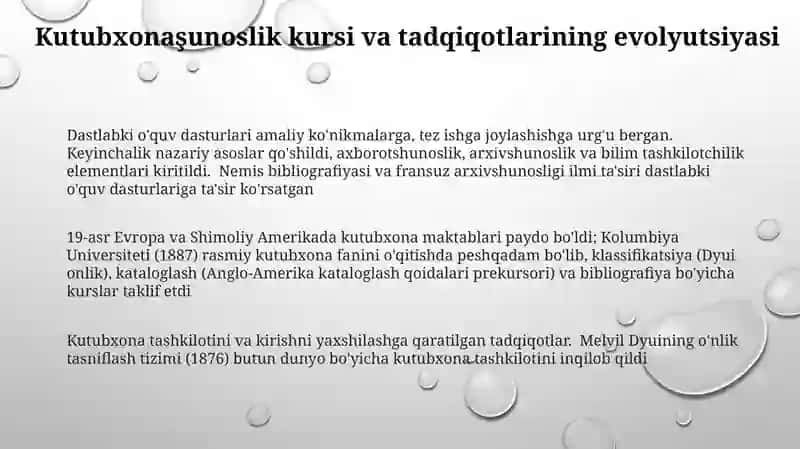 Kutubxonashunoslik fanining ilmiy o'quv fani sifatida paydo bo'lishi va shakllanishi 3