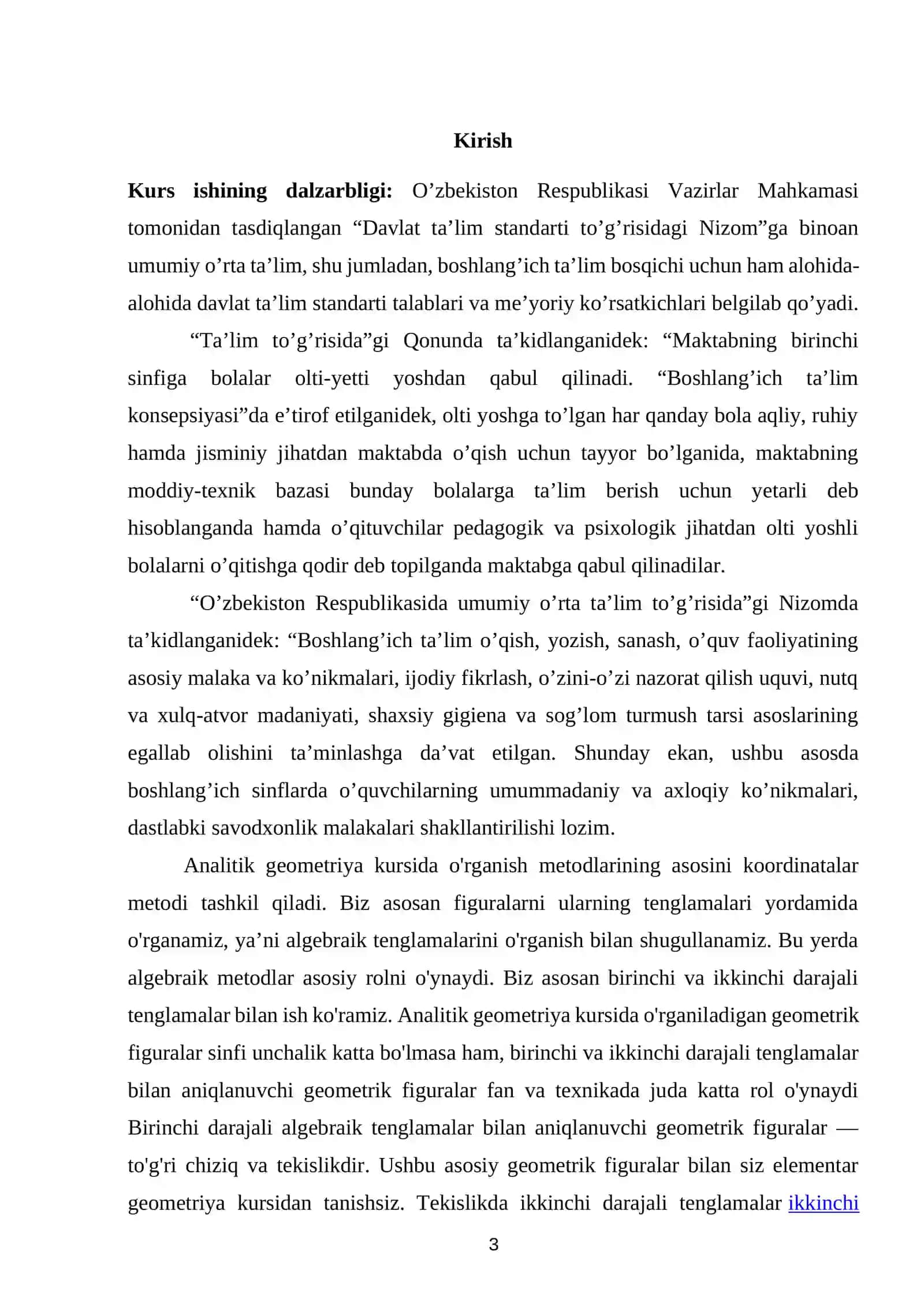 BOSHLANG’ICH SINFDA  GEOMETRIK MAZMUNDAGI                  MASALA VA ULARNI O’RGANISH METODIKASI. KURS ISHI 3