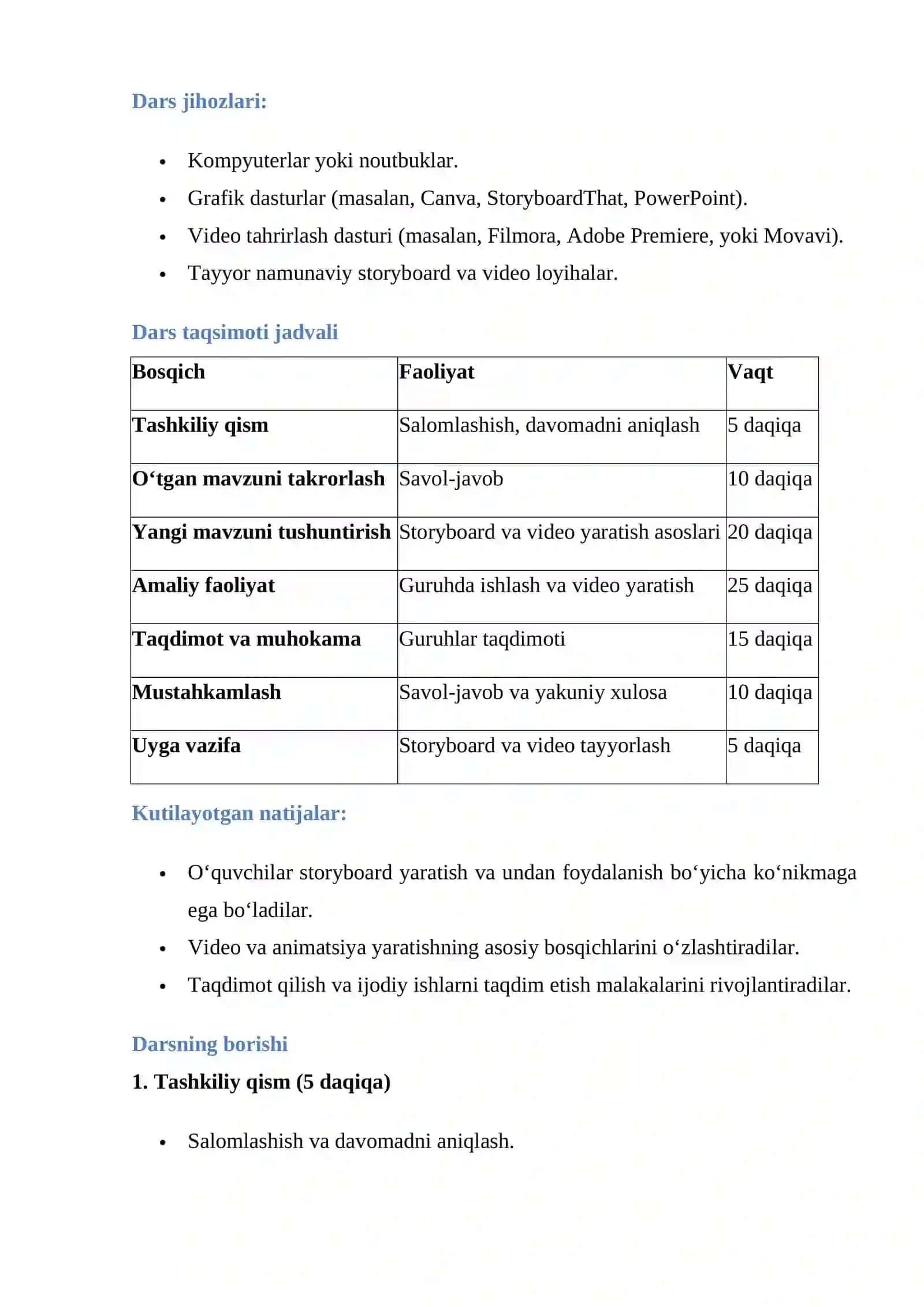 Video yoki animatsiyadan maqsadli foydalanish. Storyboard yaratish 3