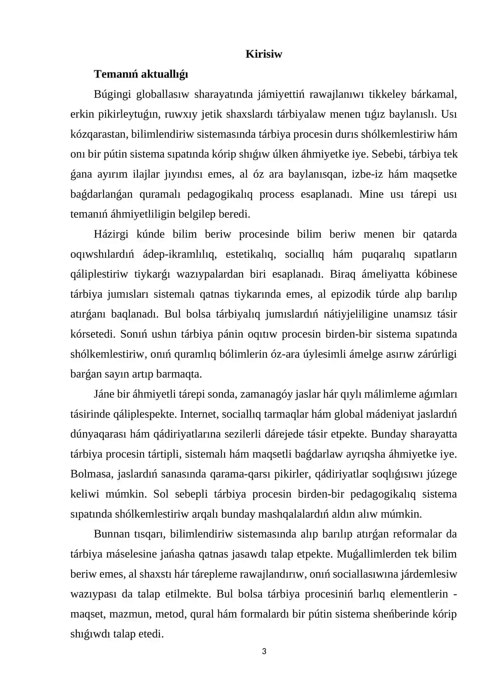 « Tárbiya pánin oqıtıw procesi bir pútin sistema sıpatında» 3