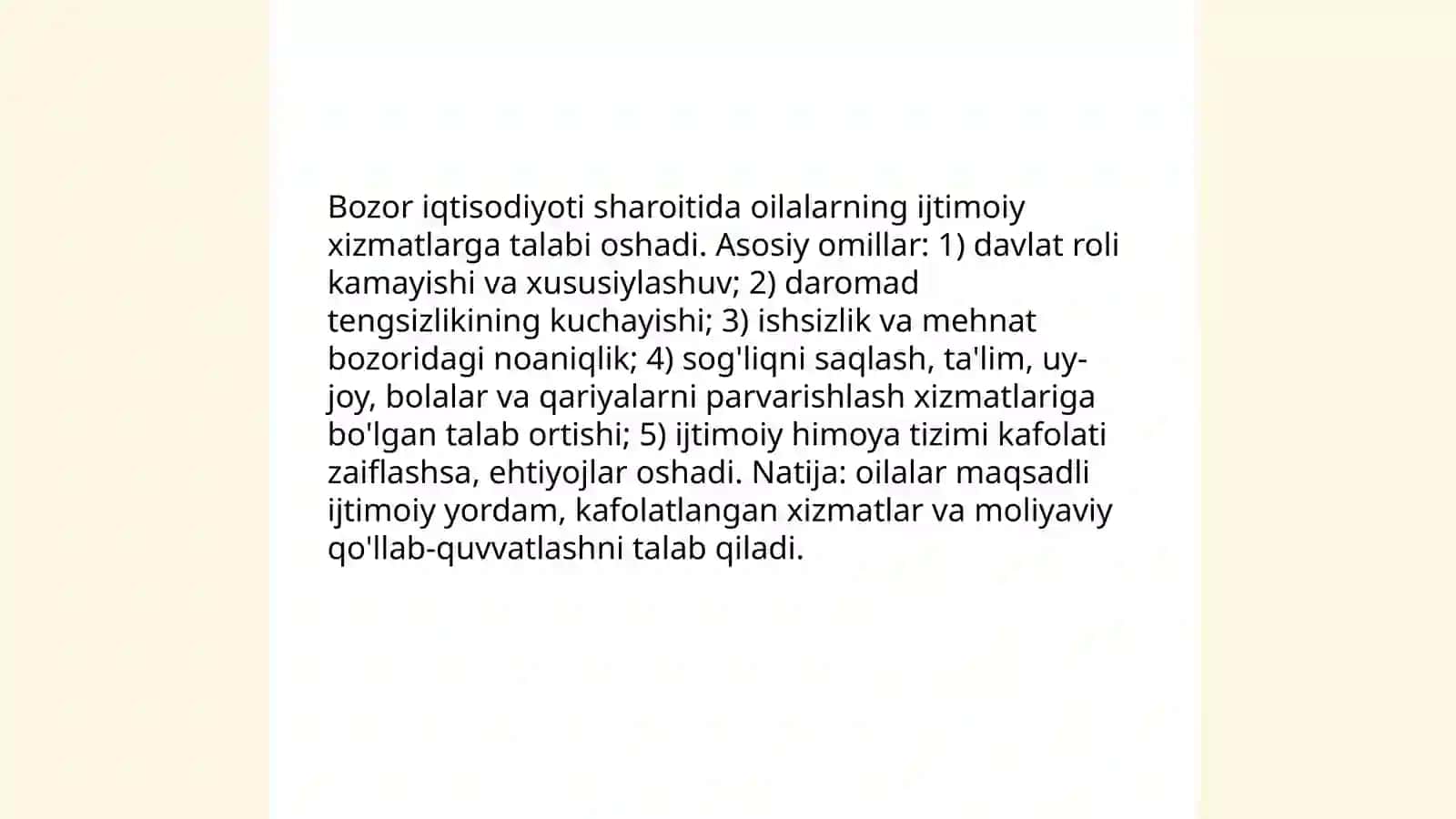 Bozor iqtisodiyoti sharoitida jamiyatdagi boshqa institutlar kabi oila va kishilarning sotsial guruhlari eng muhim ijtimoiy xizmatlarga talab va ehtiyojlari ortishi Abduakimova Sevinch 3