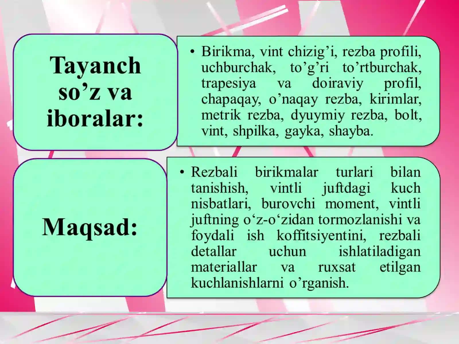 Birikmalar. Rezbali birikmalar.Umumiy ma`lumotlar. Rezbali biriklamalarnimustahkamlikka hisobi 3