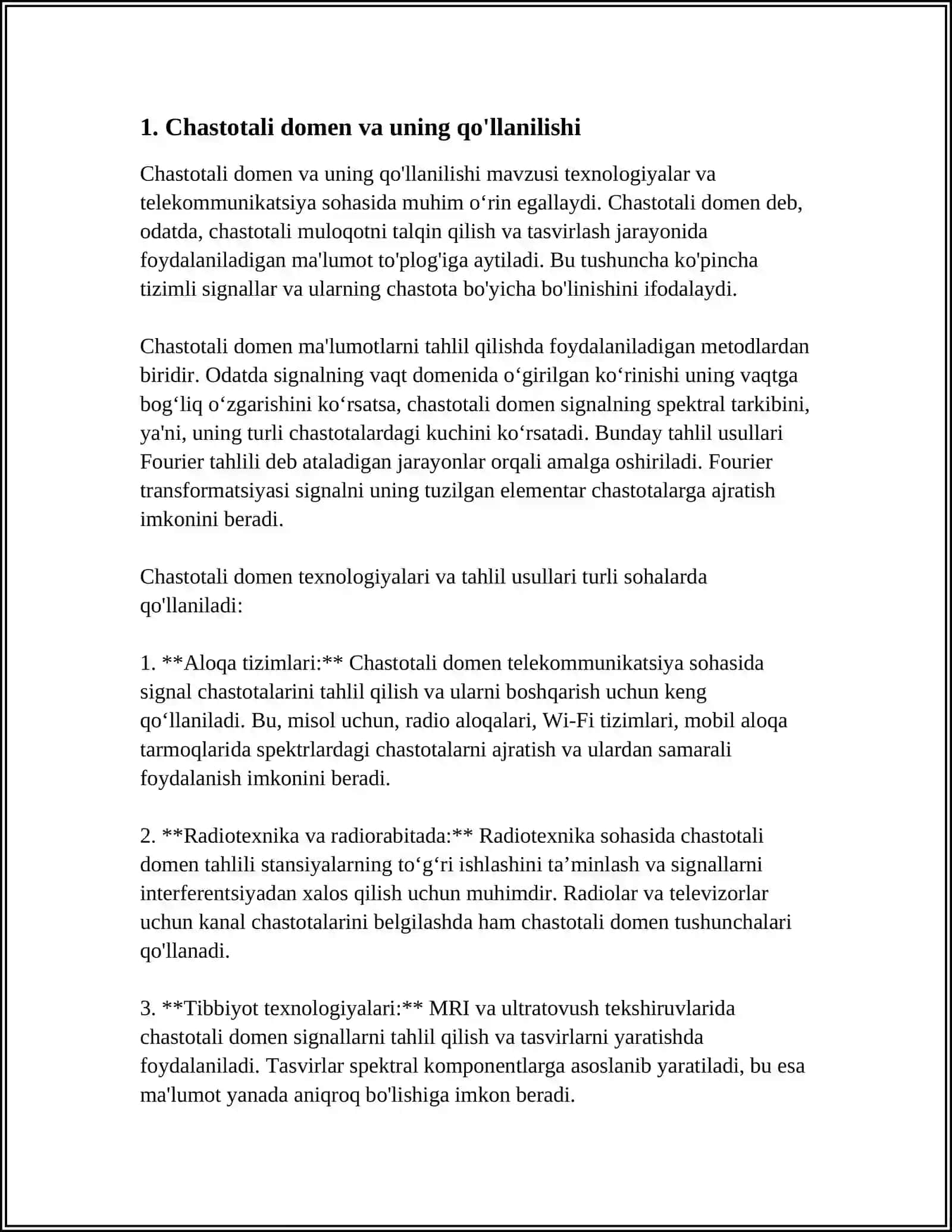 MUSTAQIL ISH Mavzu: CHASTOTALI DOMENLARNI FILTRLASH ASOSLARI 3