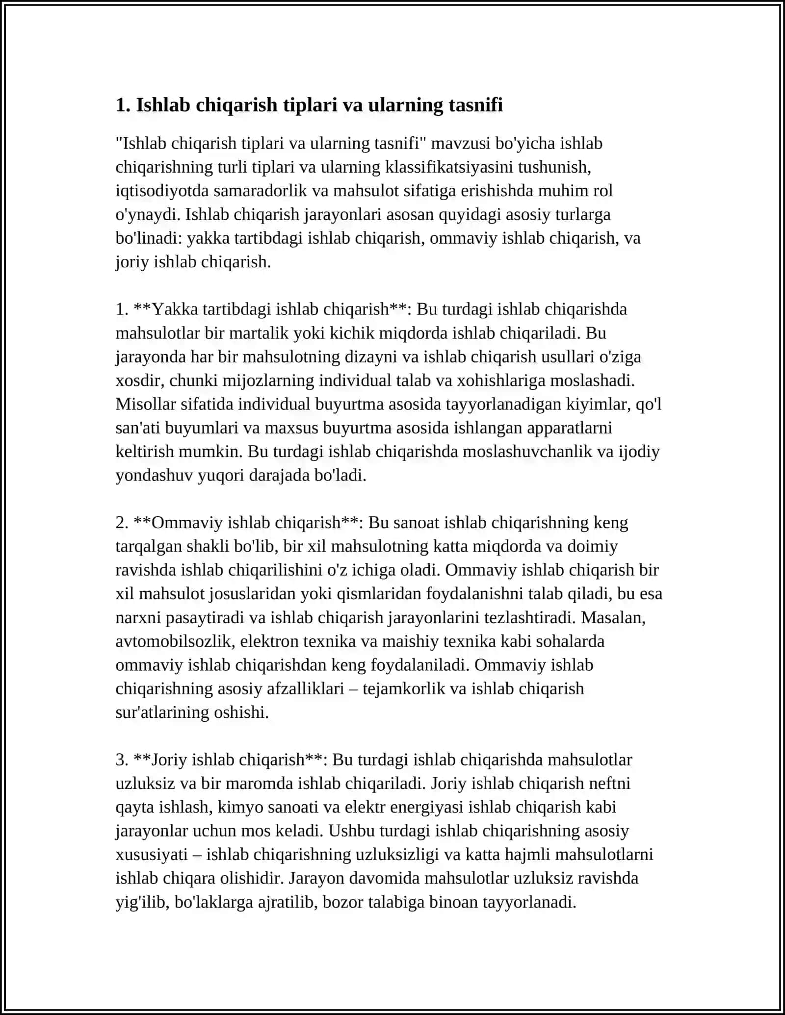 ISHLAB CHIQARISH TIPLARI, TEXNOLOGIK JARAYON TURLARI VA ULARNI TASHKIL ETISH SHAKILLARI 3