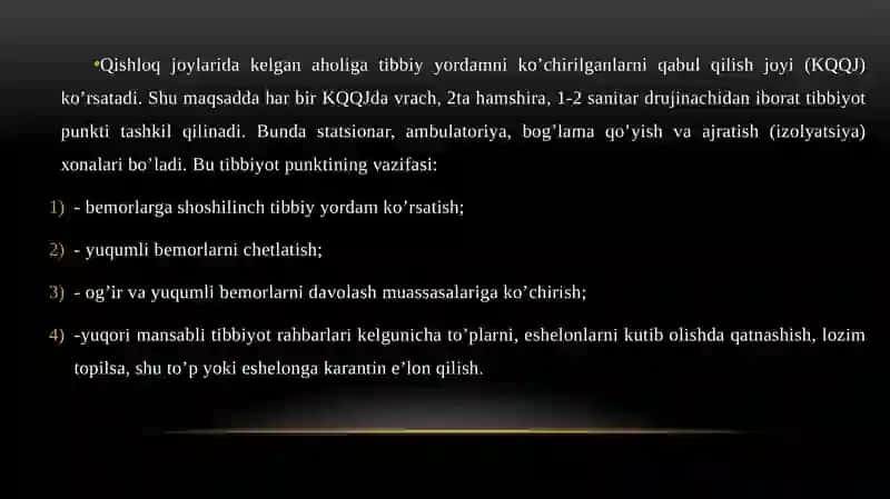 AHOLINI DUSHMАN TAJOVUZI ХАVFI PAYTIDA VA SHIKASTLANGAN AHOLINI DAVOLASH-KO’CHIRISH TIBBIY TA’MINLASH.TIBBIY MUASSASALARNI KO’CHIRISH 3