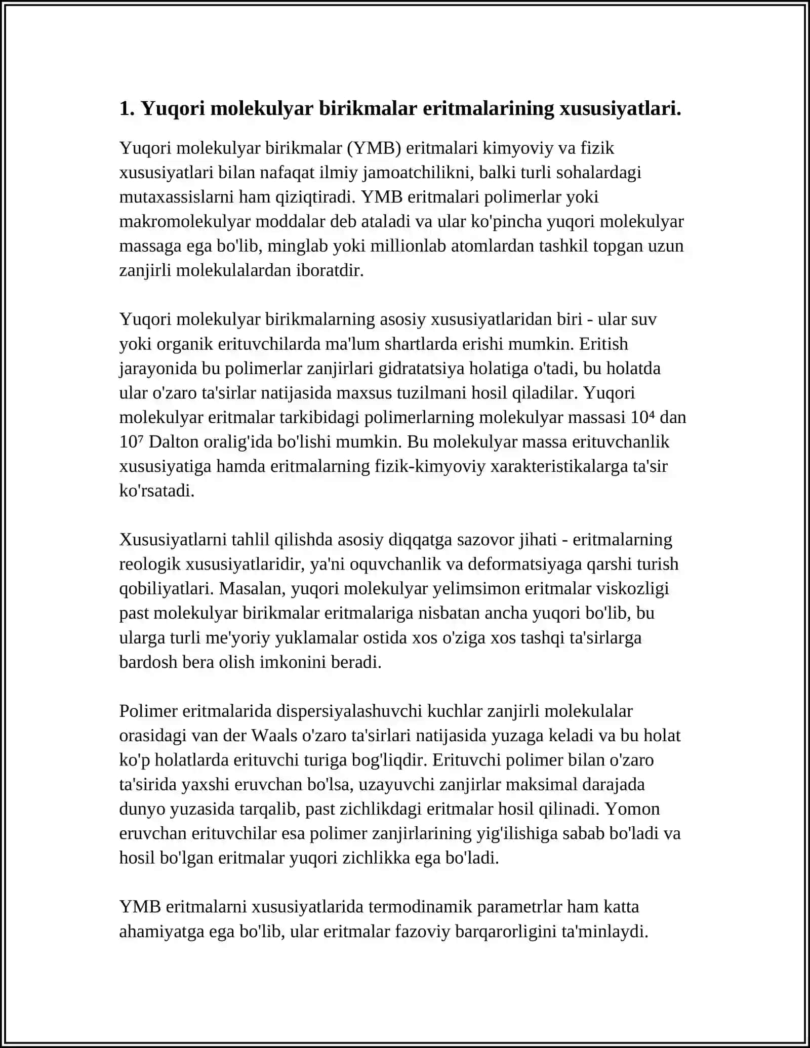 YUQORI MOLEKULYAR BIRIKMALAR ERITMALARINING XOSSALARI. QONNING REOLOGIK XOSSALARI 3