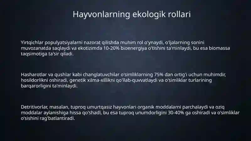 Hayvonlarning ekologik rollari va muhafaza qilish muammolari. Zoogeografiya asoslari 3