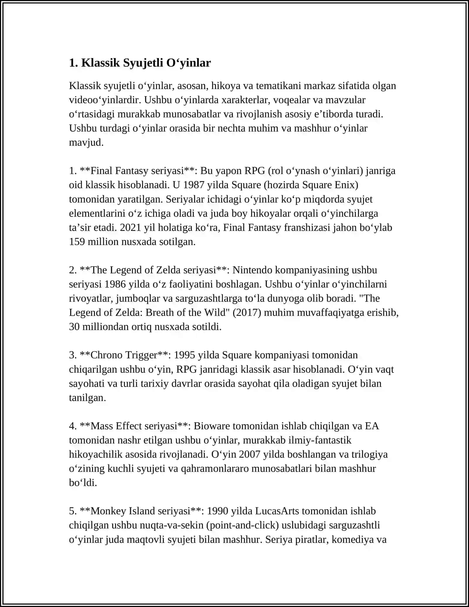 Klassik Syujetli O‘yinlar 3