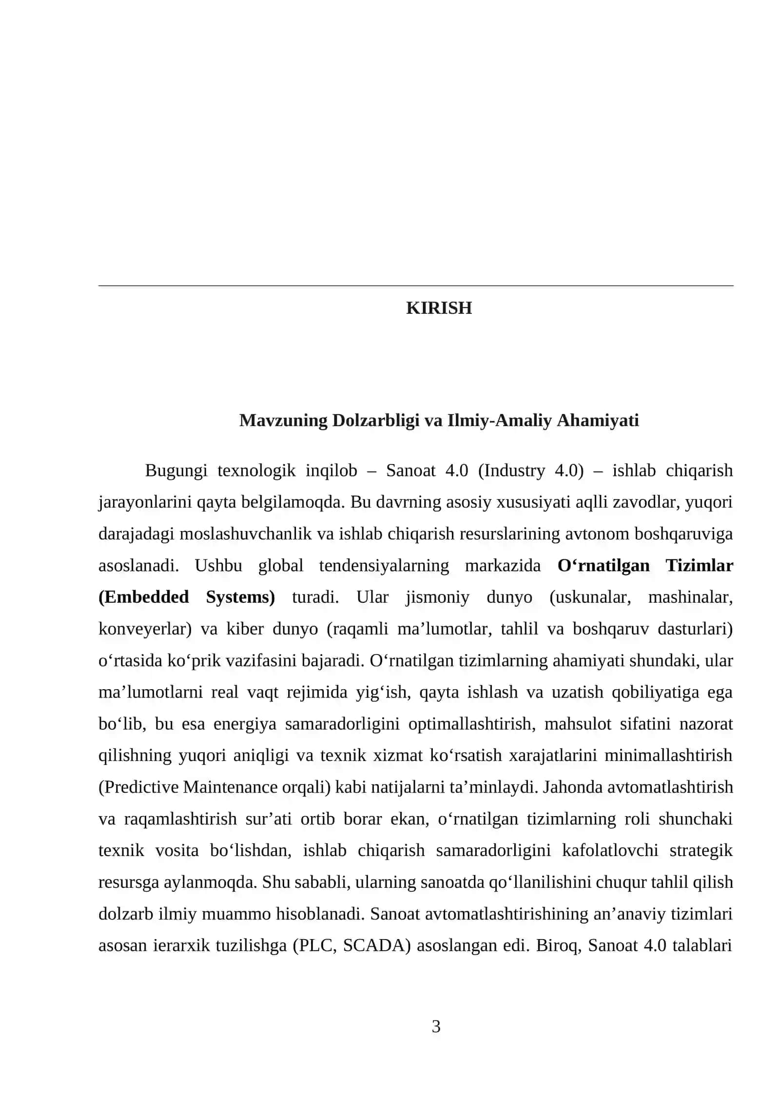 SANOATNI AFTOMATLASHTIRISHDA O‘RNATILGANTIZIMLARNING ROLI. KURS ISHI ISHIGA HISOBOT YOZUVI 3