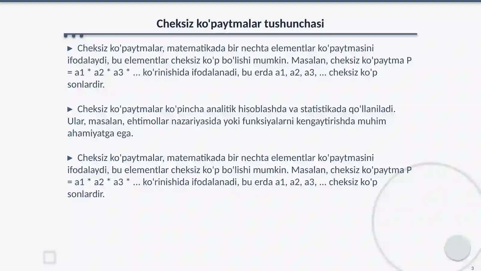 Cheksiz koʻpaytmalar. Hisob fanidan 3