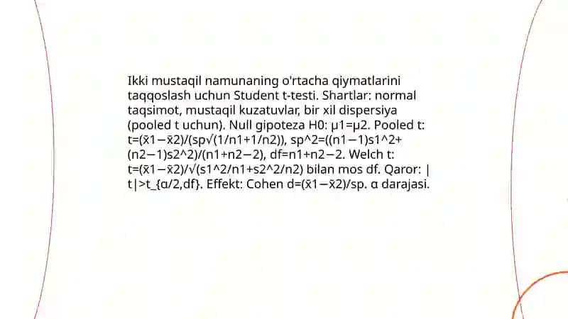 Ikki koʻplikni taqqoslash. Student va fisher mezonlari. Noparametrik metodlar 3