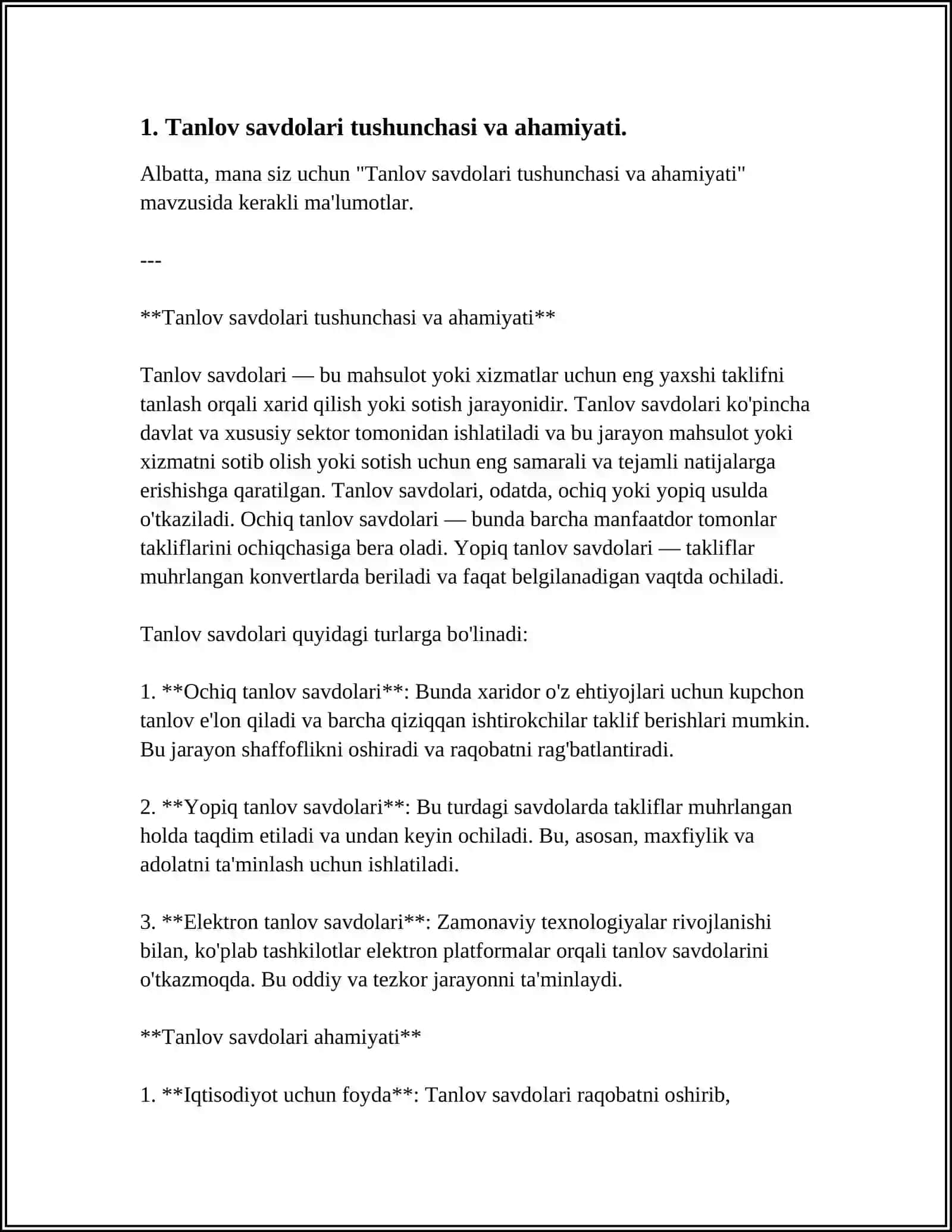 Tanlov savdolari tushunchasi va ahamiyati 3