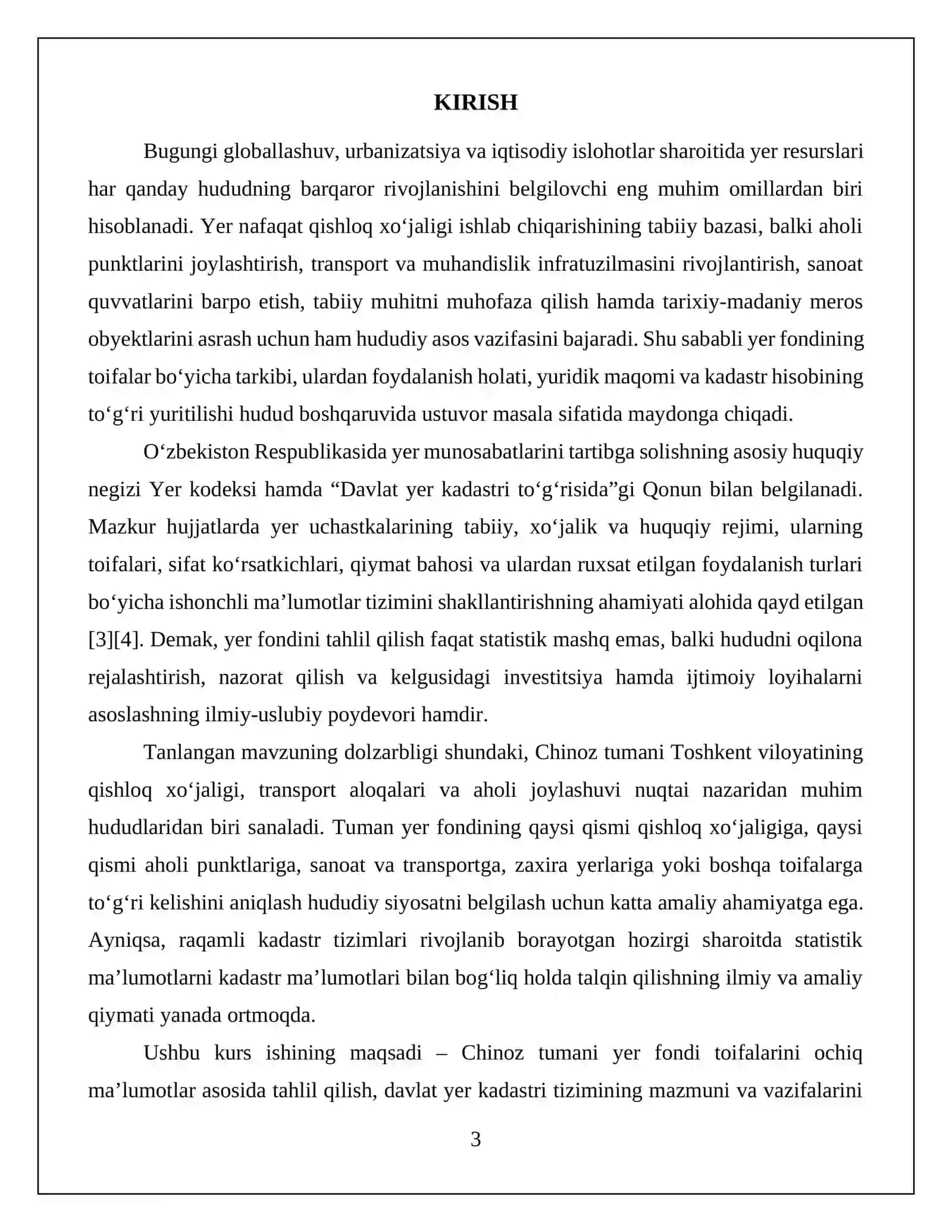 Chinoz tumani yer fondi toifalari tahlili va yer kadastri tizimi bilan tanishish KURS ISHI 2026 3