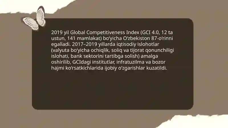 Yangi O'zbekiston ijtimoiy ijtimoiy siyosiy,iqtisodiy va madaniy hayotida ro'y berayotgan o'zgarishlarning xalqaro reyting va indekslarda aks etishi 3