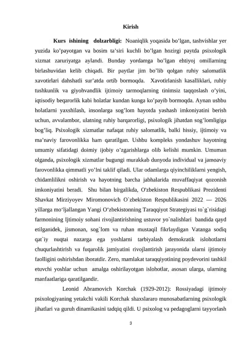 "Psixologik xizmatning rivojlanishi ( MDH davlatlari misolida)" 3