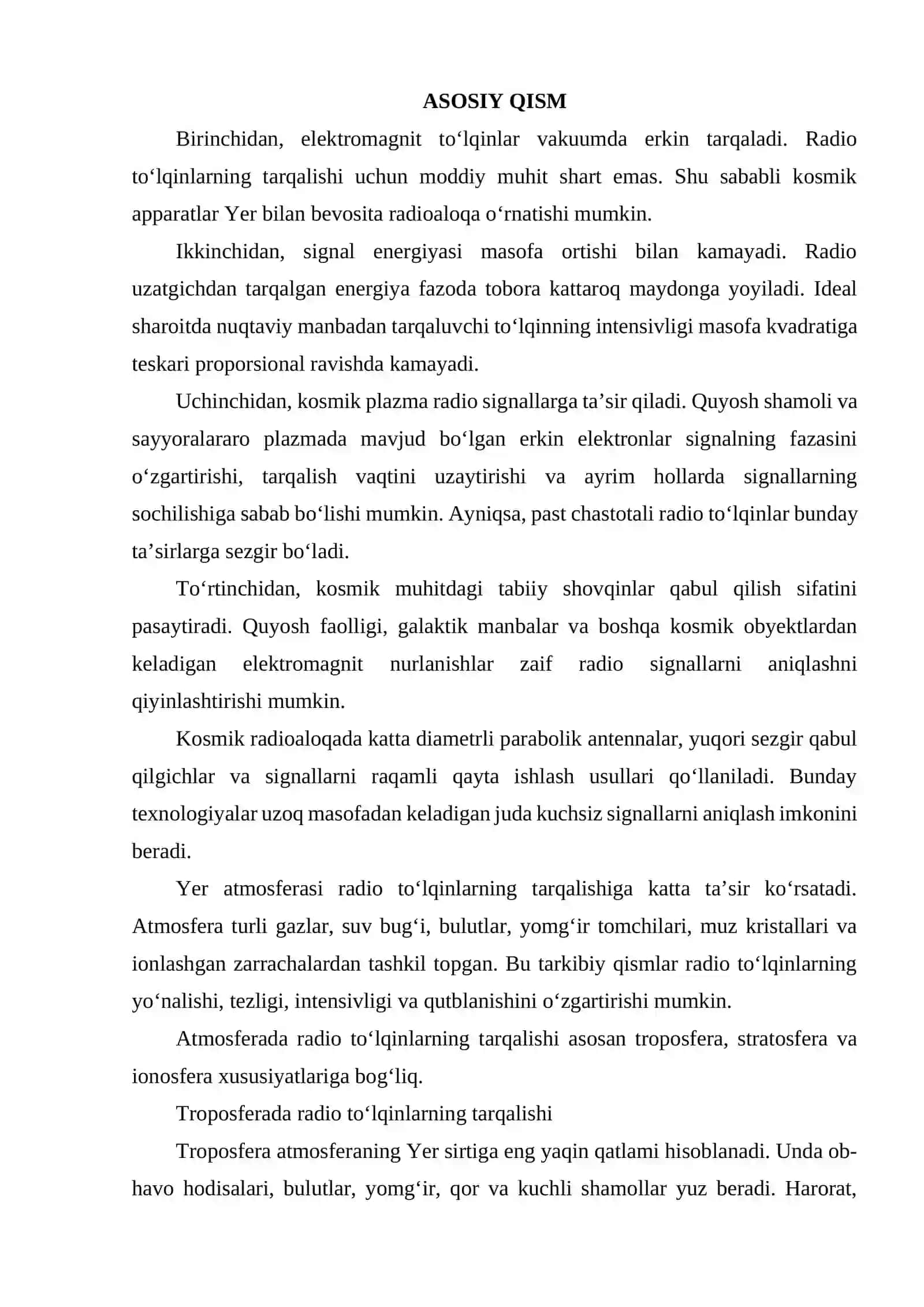 KOSMIK FAZODA VA ATMOSFERADA RADIO TO‘LQINLARNING TARQALISH XUSUSIYATLARI VA SO‘NISH OMILLARI. 3