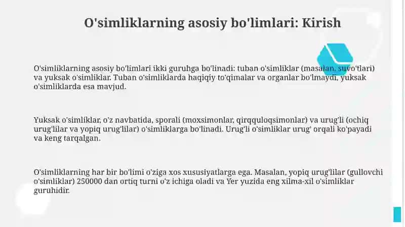 Oʻsimliklarning asosiy boʻlimlari va Oʻzbekistonning oʻsimlik qoplami 3