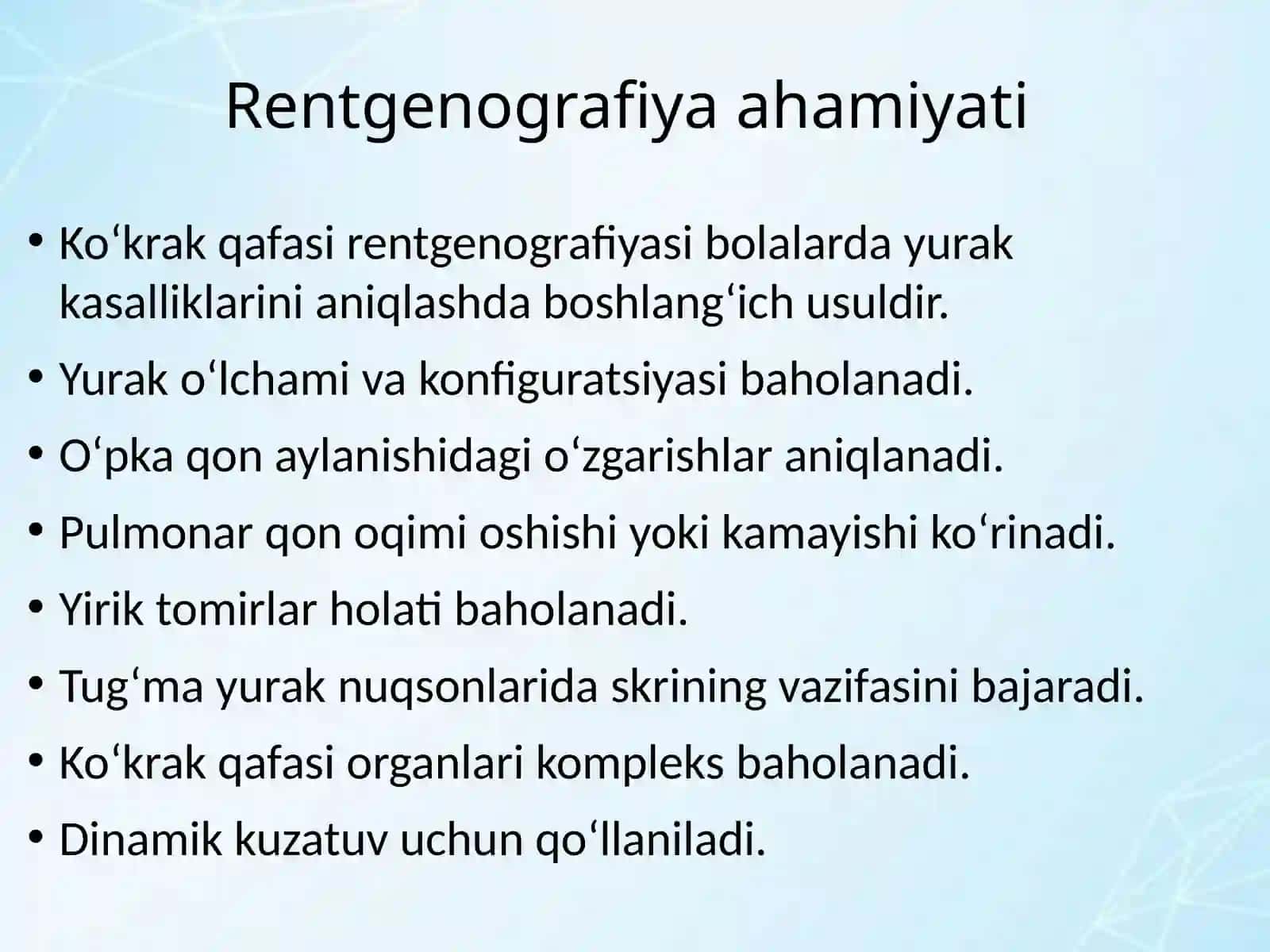 Bolalardayurak qon tomir tizimini tekshirishda rentgenogrammalar tahlili.kardiometriya,exokgusullari 3