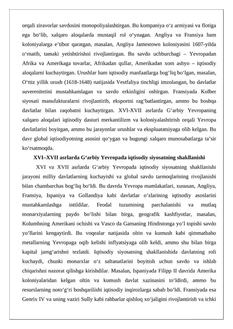 XVI-XVII asrlarda G‘arbiy Yevropaning xalqaro aloqalari iqtisodiy dasturi 3
