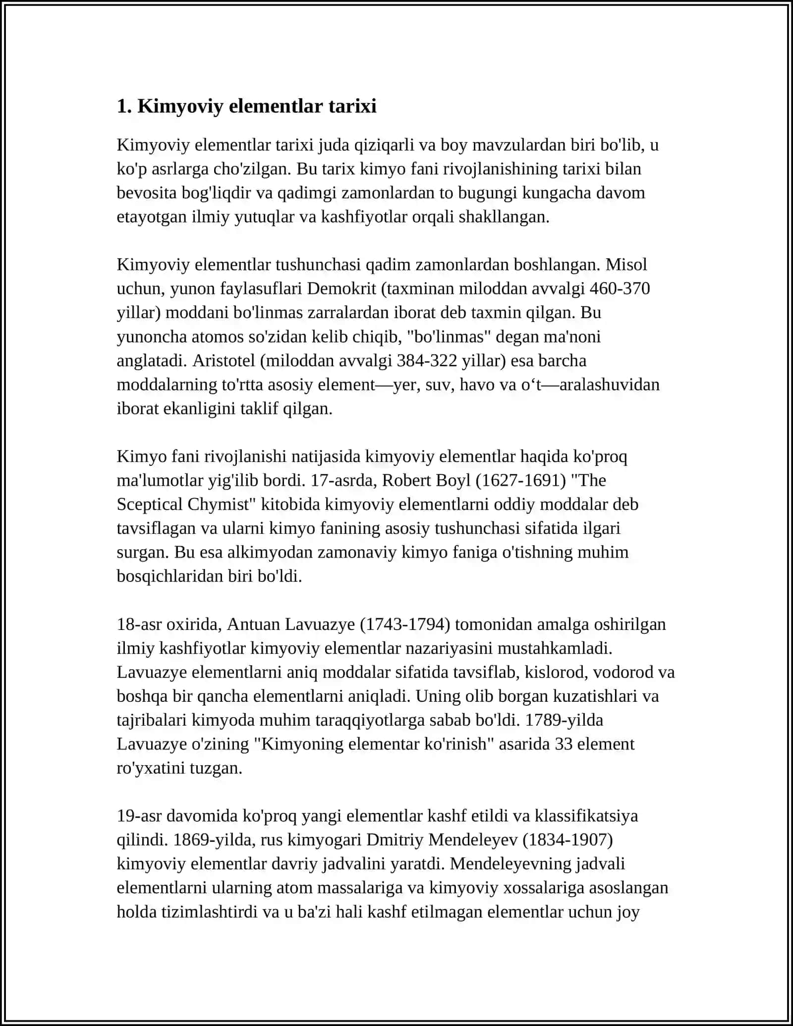 MUSTAQIL ISH Mavzu: KIMYOVIY ELEMENTLAR DAVRIY JADVALI 3