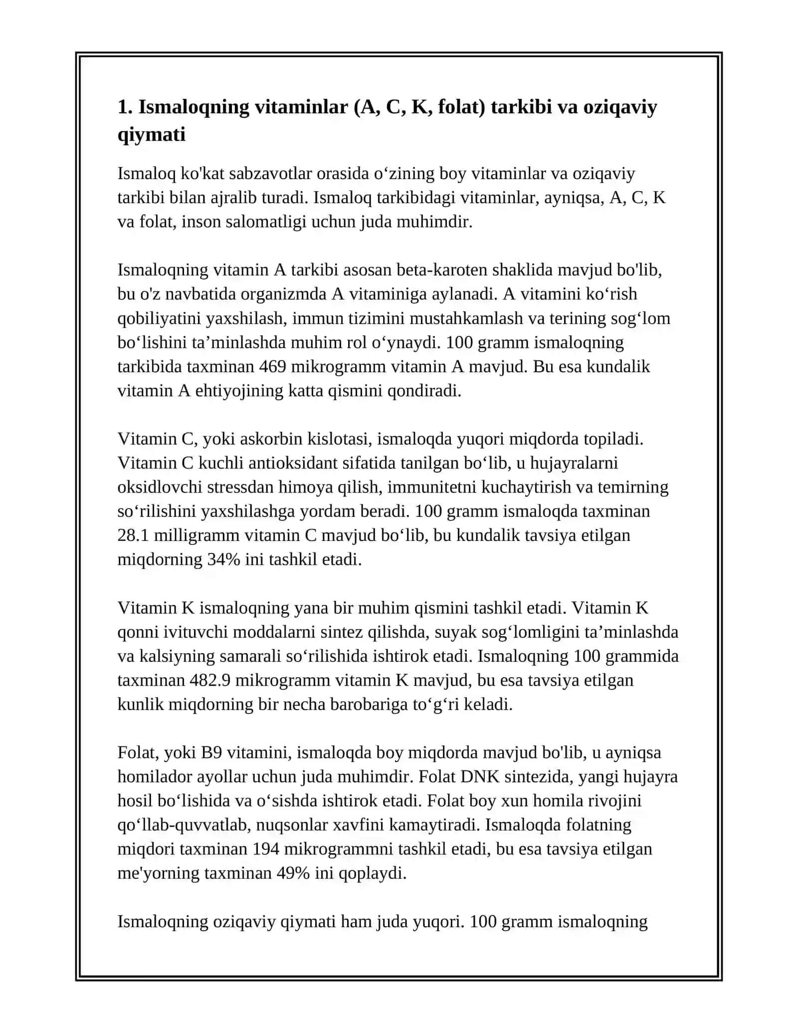 KO'KAT SABZAVOTLARNING (ISMALOQ,SHOVUL,RAYXON,KASHNICH,PETRUSHKA,SELDEREY VA UKROP)LARNING KIMYOVIY TARKIBI VA OZUQAVIY XUSUSIYATLARI 3