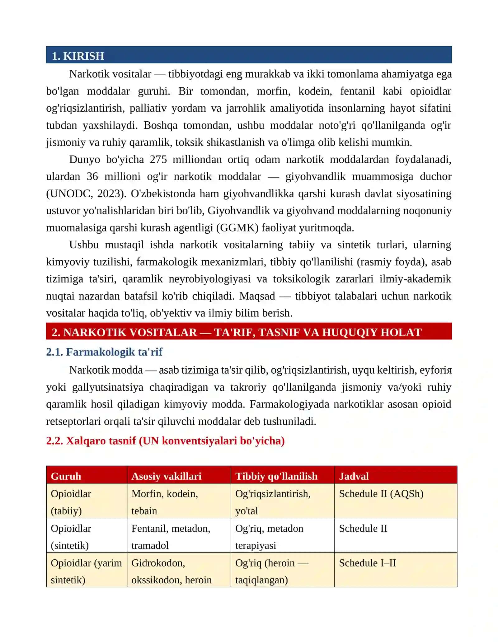 TABIIY VA SINTETIK NARKOTIK VOSITALAR: TIBBIY FOYDASI VA ZARARLARI mustaqil ish 3