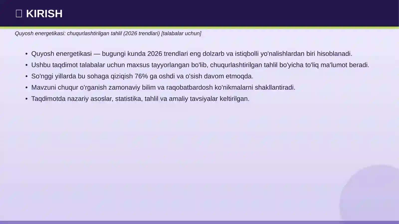Quyosh energetikasi: chuqurlashtirilgan tahlil (2026 trendlari) [talabalar uchun] 3
