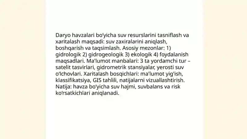 Daryo havzalari bo‘yicha suv resurslarini tasniflash va xaritalash 3