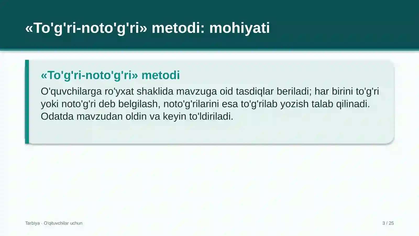 tarbiya darslarida to'g'ri noto'g'ri metodidan foydalanish 9982 3