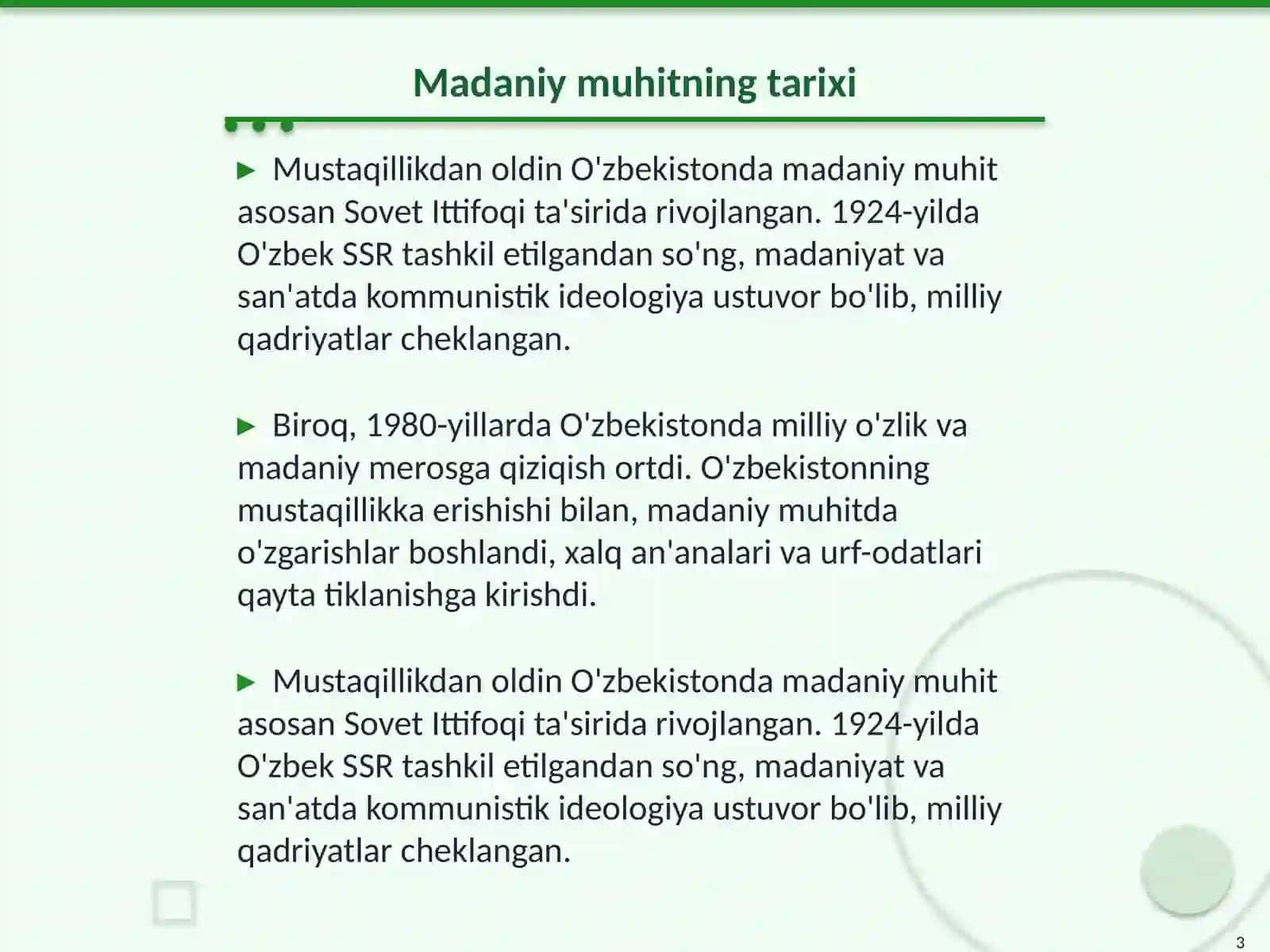 Madaniy va manaviy rivojlanishlar 3