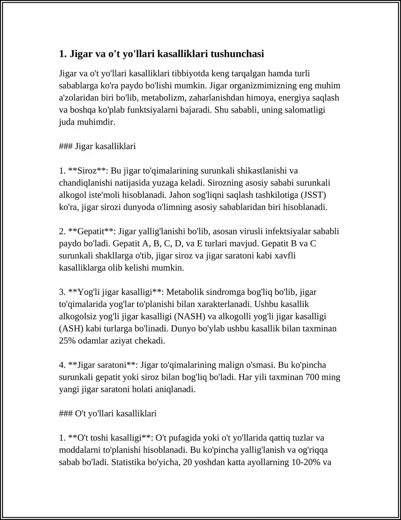 JIGAR VA O`T YO'LLARI KASALLIKLARIDA BEMORLARNI TEKSHIRISH. SO'RAB SURISHTIRISH. ASOSIY SHIKOYATLARI, DIAGNOSTIK AHAMIYATI. KO'ZDAN KECHIRISH, JIGAR PERKUSSIYASI (KURLOV BO'YICHA), PALPATSIYASI. DIAGNOSTIK AHAMIYATI 3