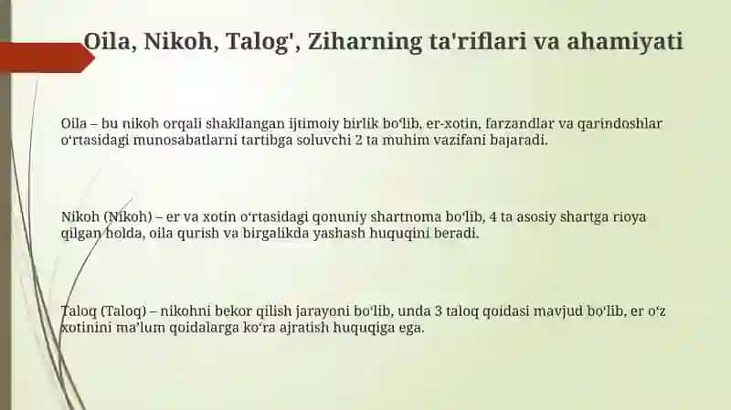 Islom huquqshunosligida oila, nikoh, taloq, zihor, idda tushunchalarini taʼriflash 3