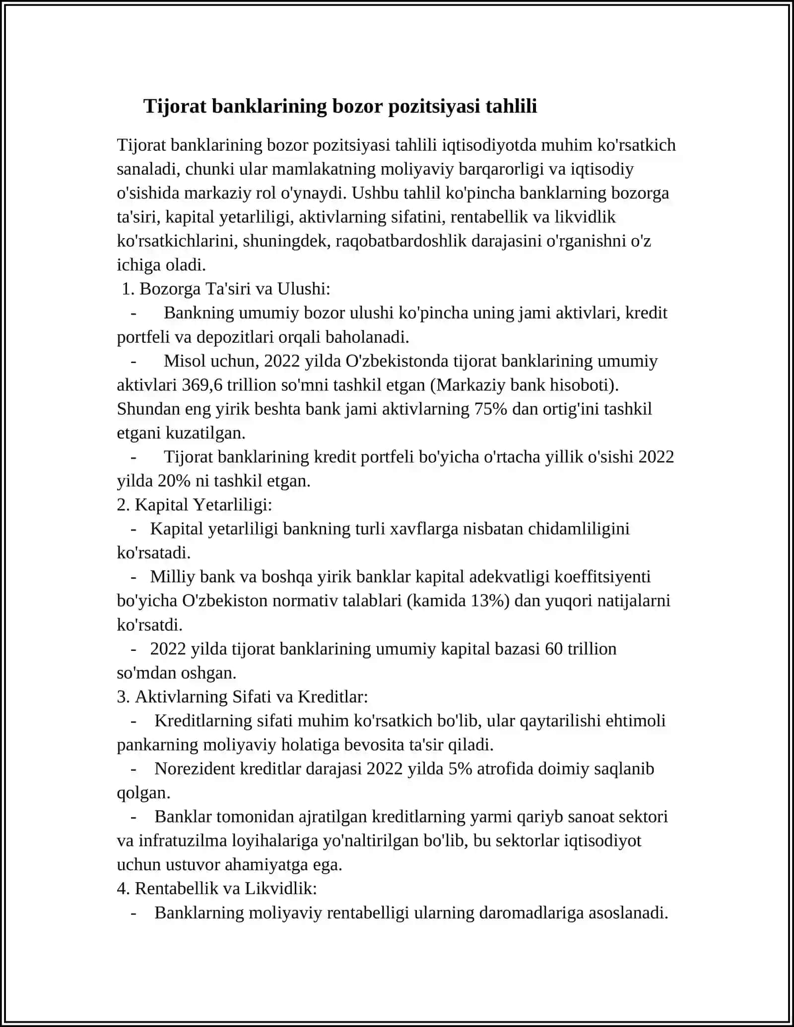 TIJORAT BANKINING BOZOR POZITSIYASI VA UNI BANK STRATEGIYASIDA MOS RAVISHDA O'ZGARTIRISH YO'LLARI 3