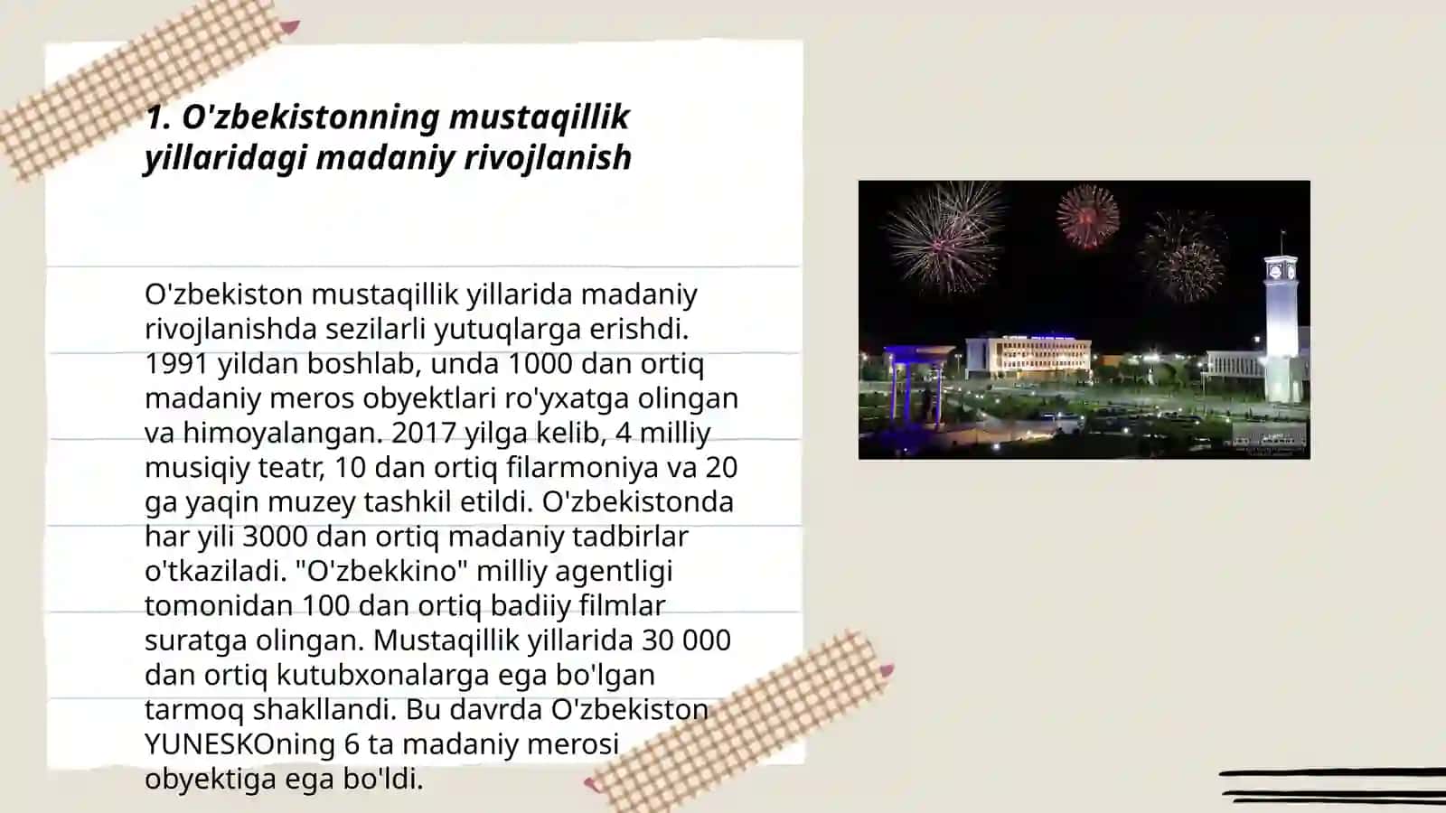 Mustaqillik yillarda oʻzbelistondagi manaviy va madaniy taraqiyot 3