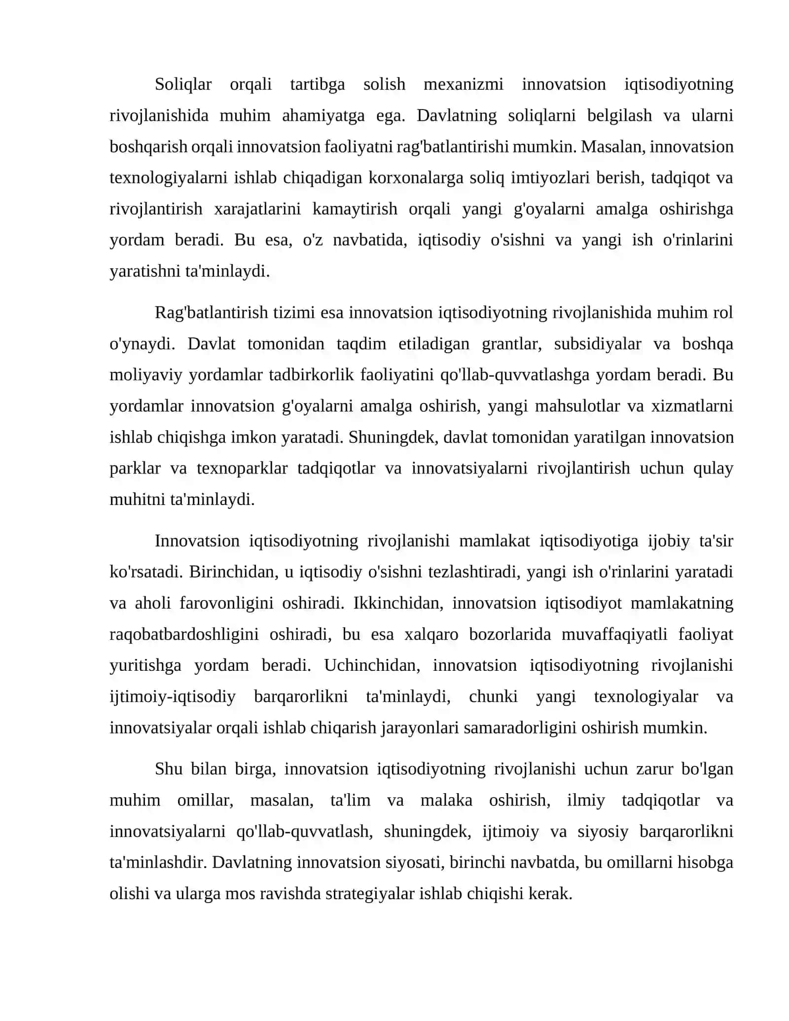 Innovatsion iqtisodiyotni shakllantirishda davlatning o'rni (qonuniy-huquqiy kafolat, soliqlar orqali tartibga solish, rag'batlantirish tizimi 3