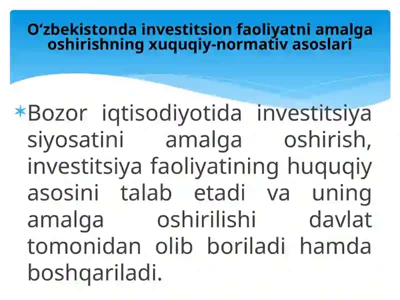 O‘zbekiston Respublikasining investitsion tizimi. Investitsiya faoliyatini boshqarish 3