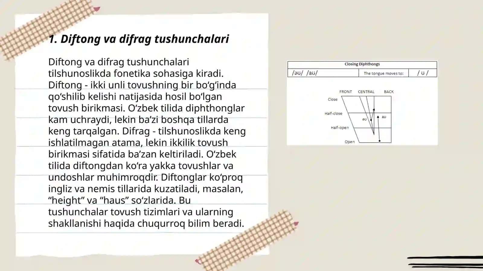 Diftong va difraglar. Harf birikmalari 3