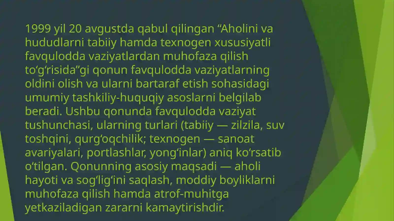 Aholini va hududlarni tabiiy hamda texnogen xususiyatli favqulodda vaziyatlardan muhofaza qilish to‘g‘risida 3